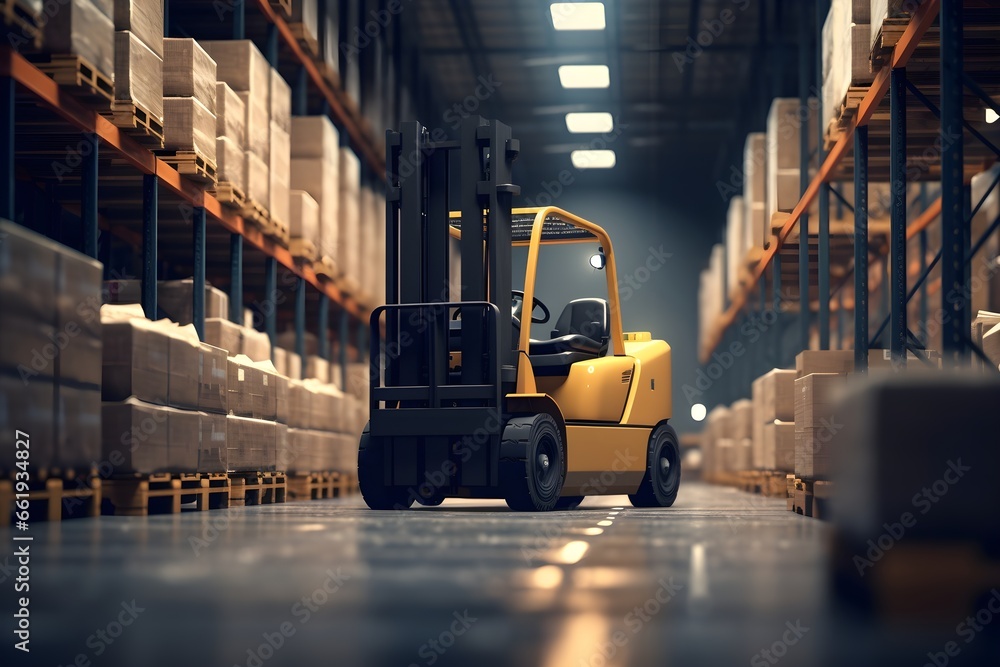 Forklift loads pallets and boxes in warehouse. generative ai