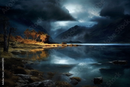 Nocturnal scene of a picturesque lake in the highlands. Generative AI