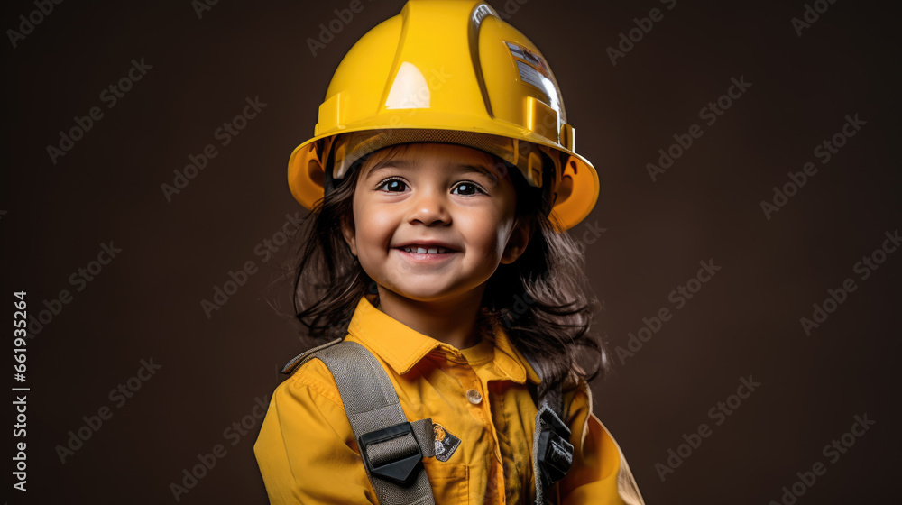 Happy girl wearing helmet or hard hat imitate builder or engineer Happy girl wearing helmet or hard hat imitate builder or engineer