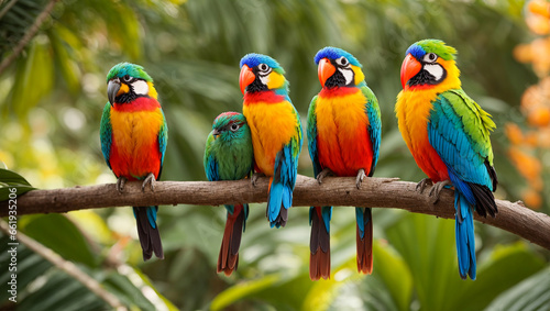 Cute funny tropical parrots on a branch, leaves, © tanya78