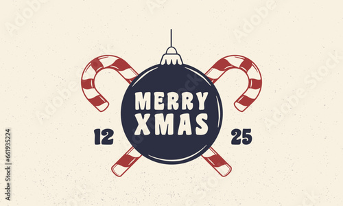 Christmas vintage label, logo. Merry Xmas emblem. Christmas toy and candy canes icons. Greeting card, flyer, poster, tag design. Print for T-shirt. Vector illustration.
