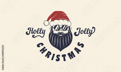 Christmas vintage label, logo. Holly Jolly, Christmas emblem. Christmas toys icons. Greeting card, flyer, poster, tag design. Print for T-shirt. Vector illustration.