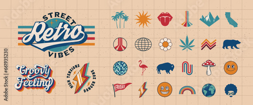 4 Retro Groovy logo templates and 18 trendy elements to create your own design. 70s Design elements for t-shirt, banner, poster, cover, badge, logo and label. Vector illustration	