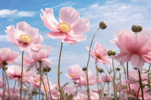 Delicate pink anemone flowers bloom in a field under a blue sky. Generative AI