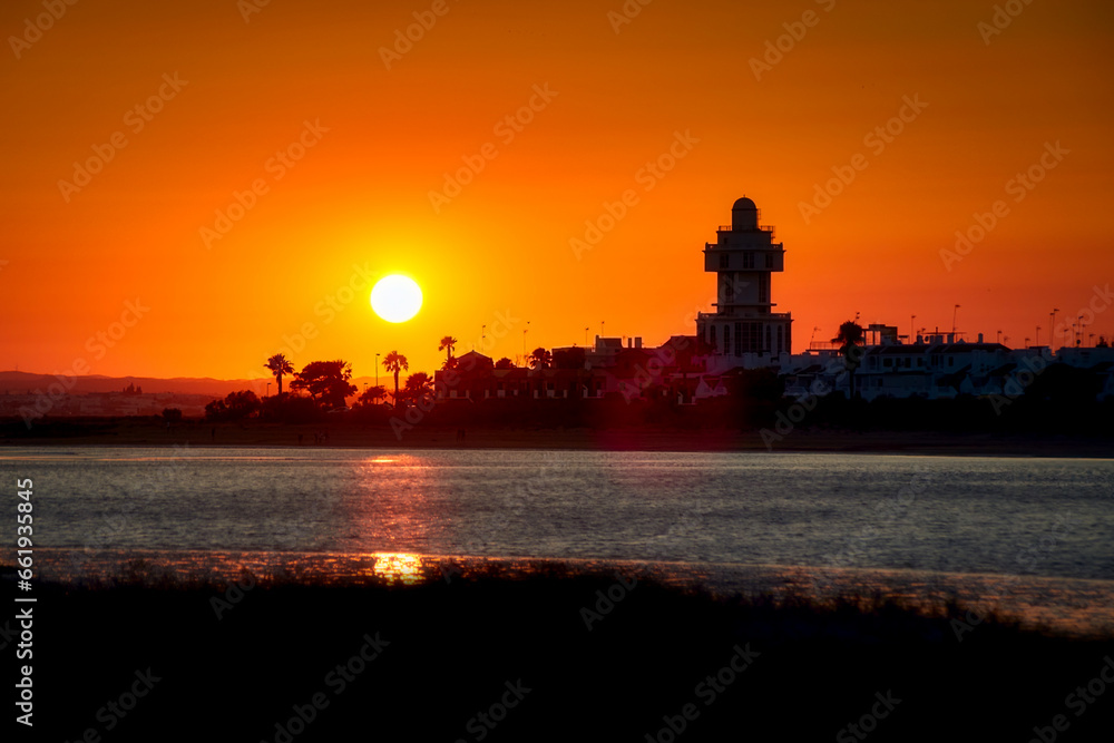 Beautiful sunset skyline at the harbor of Isla Cristina, Costa de la Luz, Spain