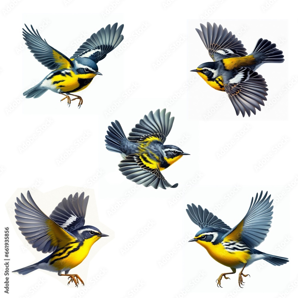 Fototapeta premium A set of male and female Magnolia Warblers flying isolated on a white background