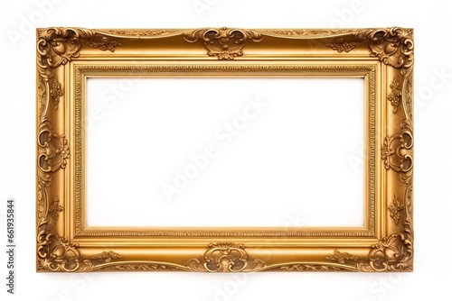 Empty gold decorative frame for a picture or photo on a white background