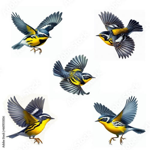 A set of male and female Magnolia Warblers flying isolated on a white background