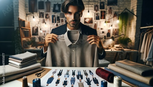 Wide close-up shot of a fashion designer of European descent intently displaying a shirt made from recycled fabrics in his artistic studio. photo