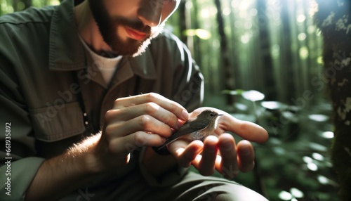 Close-up photo of a male wildlife biologist of European descent gently tagging a small bird in his hand photo