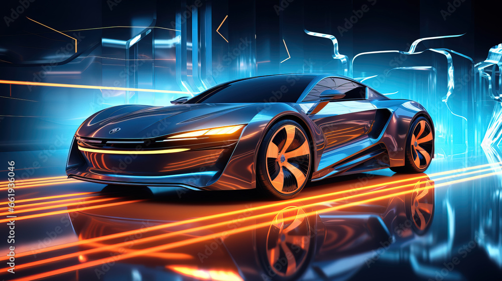 Futuristic car in neon light against the background of a cyber city with bright lights. Automotive innovations and technological concepts