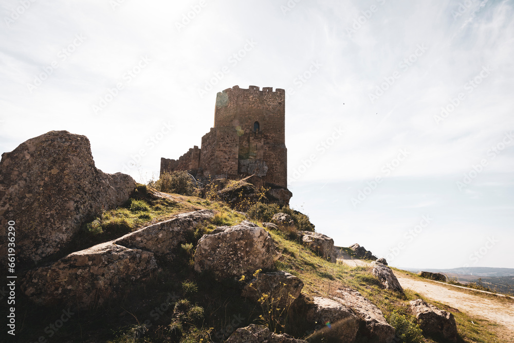 the medieval castle of Algoso in back light, Campo de Viboras e Uva, municipality of Vimioso, district of Bragança, Portugal