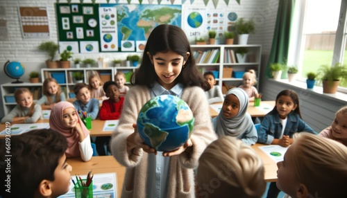 Inside a brightly lit classroom, a close-up shot focuses on a girl of Middle Eastern descent who is displaying a model of Earth to her classmates. photo