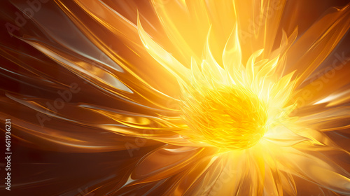 Digital illustration of solar flare in yellow abstract shape. 3D sunburst digital art in sharp focus and soft shadows. Yellow and bronze sun rays. photo