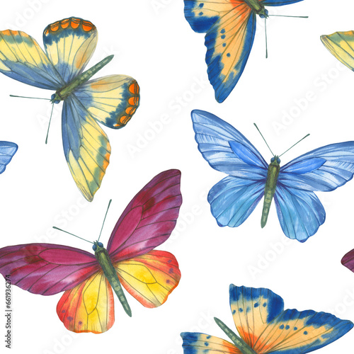 Seamless pattern for design. Colorful watercolor butterflies on a white background. © Sergei