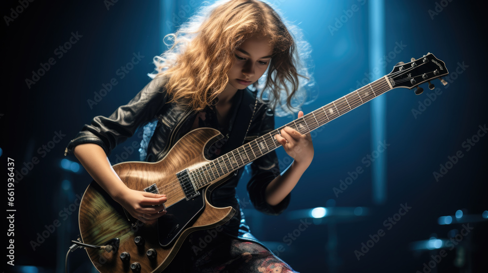 Obraz premium Teenage girl playing guitar on dark background