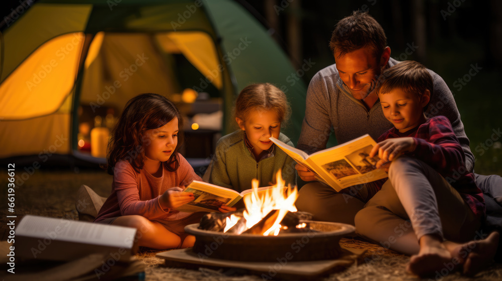 Parent reads a book to a child while camping in a tent in the countryside