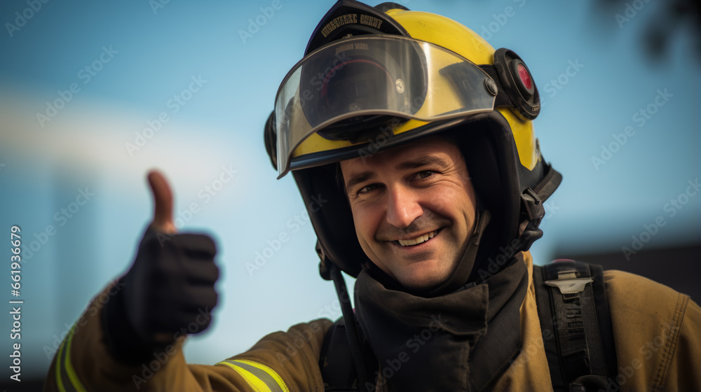 Firefighter portrait on duty with thumb up Firefighter portrait on duty with thumb up