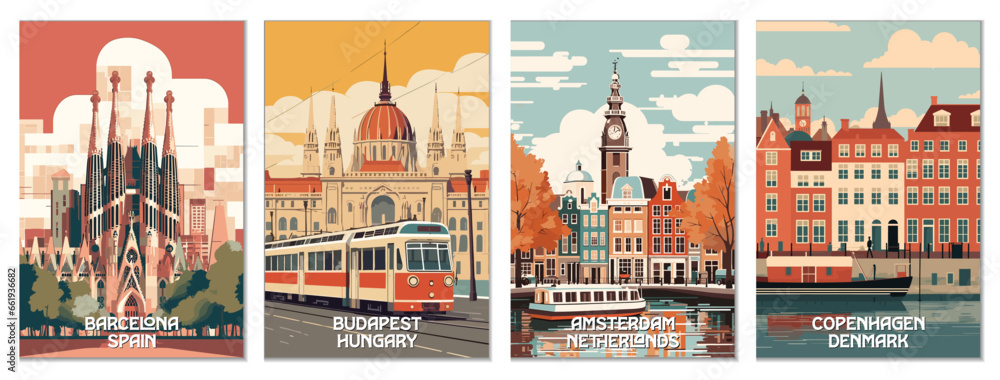 European Travel Destinations Vector Art Poster Set - obrazy, fototapety, plakaty 