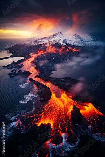 Lava flow in the ocean with mountain in the background.