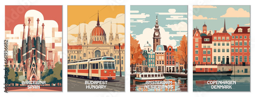 Fotografie, Tablou European Travel Destinations Vector Art Poster Set