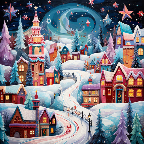 Weihnachtsmuster als Hintergrund Illustration Dorf im Winter Einzigartiger Stil