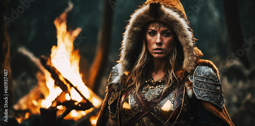 Female warrior in heavy armor at a campfire, preparing for battle in a fantasy setting. Ideal for cinematic fantasy scenes and character art..