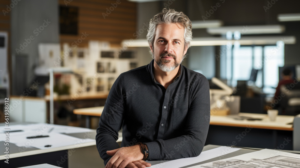 Male architect stands in an office in front of a desk with various architectural projects