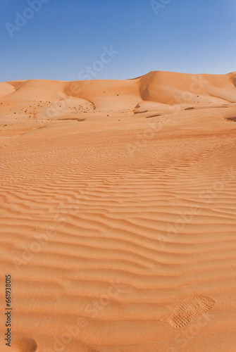 Wavy orange sand imprint against a backdrop of sand dunes and blue sky.