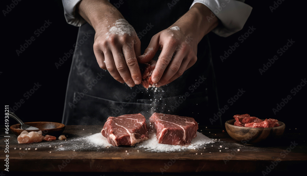 chef hands cooking meat steak and adding salt