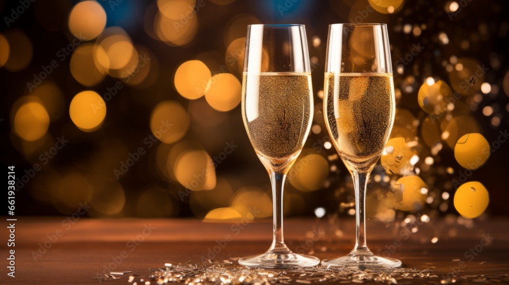 Glasses of champagne on bokeh background. New Year celebration