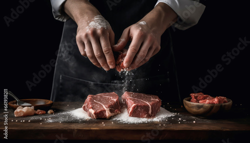 chef hands cooking meat steak and adding salt photo