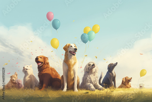 Group of dogs with balloons and confetti on a green meadow