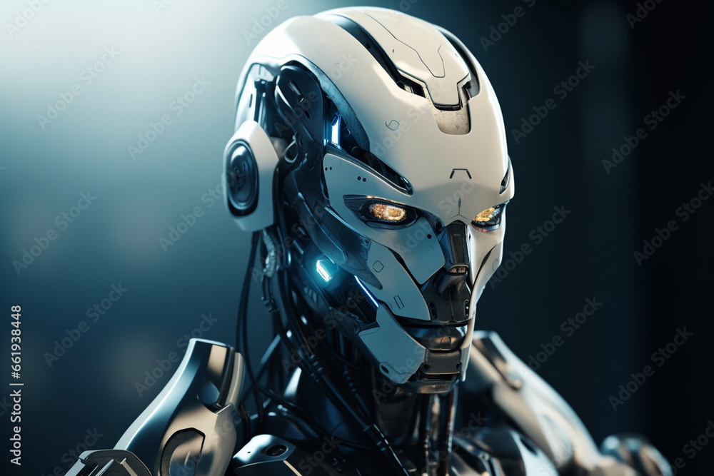 3d rendering humanoid robot or cyborg with glowing eyes on dark background
