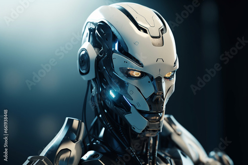 3d rendering humanoid robot or cyborg with glowing eyes on dark background