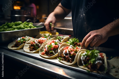 Unrecognizable chef preparing delicious tacos on a kitchen
