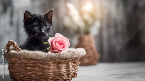 Il gattino nero con in una cesta con una rosa photo