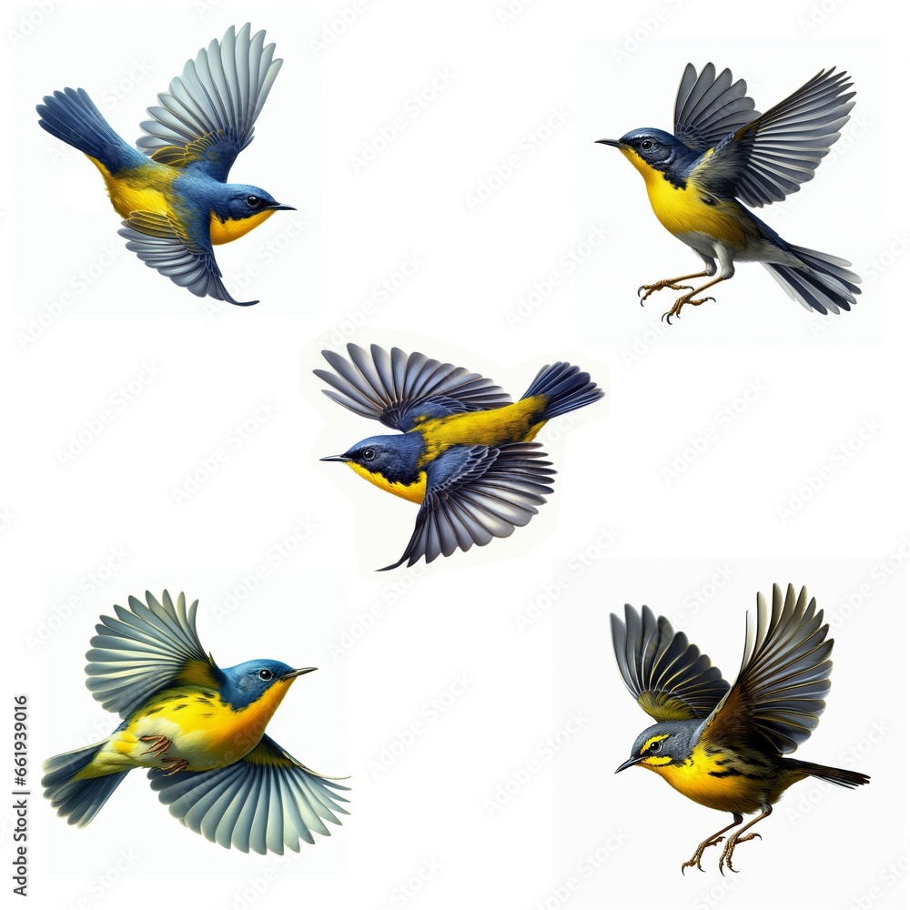 Obraz premium A set of Mourning Warblers flying isolated on a white background