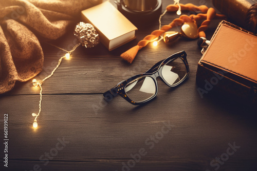 Sunglasses, book, scarf and candle on wooden background.