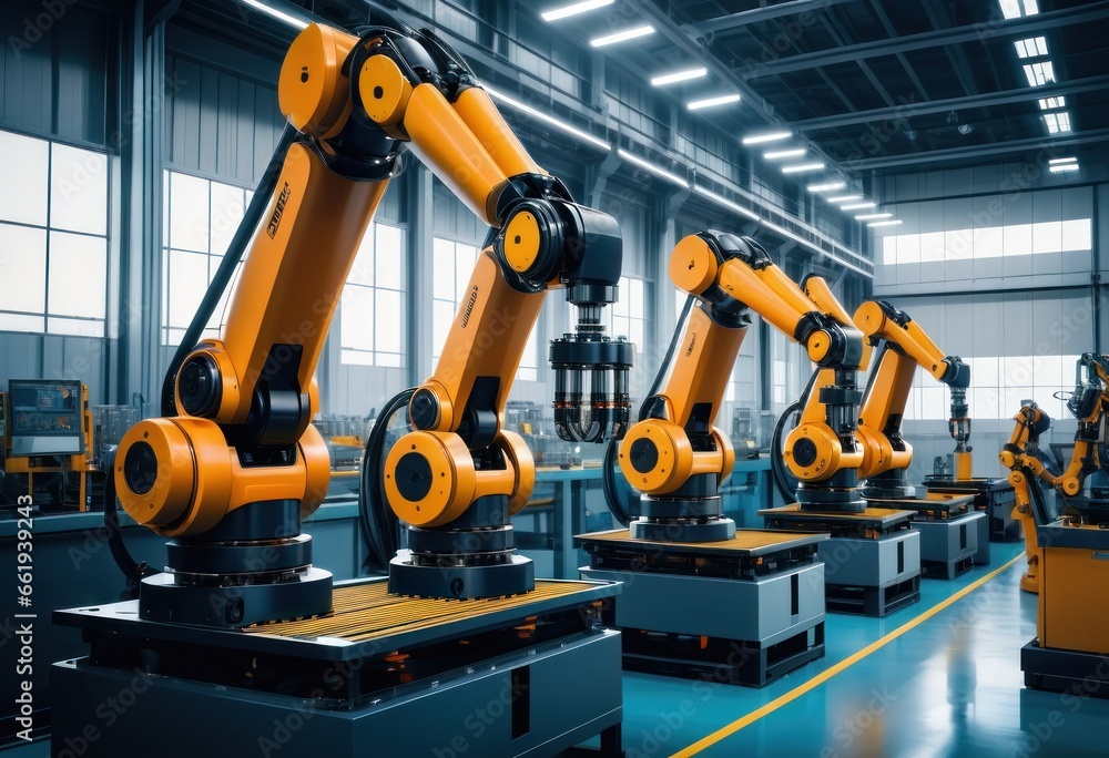 Smart industrial robot arms in digital factory production technology manufacturing process Smart industrial robot arms in digital factory production technology manufacturing process