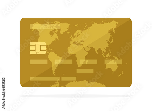 Gold credit card with world map image isolated on white background. Flat vector illustration