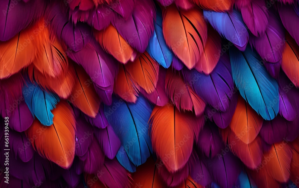 Fototapeta premium Colorful background with the texture of colorful feathers of exotic birds, bright beautiful feathers of a parrot or peacock.