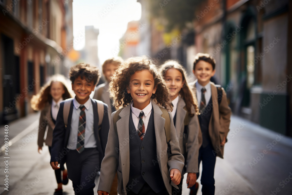group of kids in school uniform walking togeter to school . group of kids in school uniform walking togeter to school .