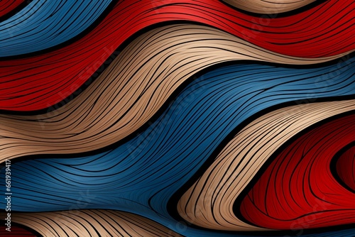 Abstract seamless wood pattern in red, blue, black, and white. High-quality modern design with overlaid red and blue. Generative AI