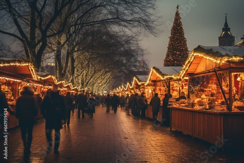 Vintage tone image of Night festival in christmas theme with light . Christmas market in evening © Yulia