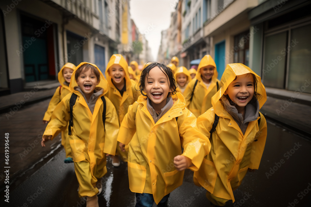 kids wear yellow rainning coat walk together after school in town . kids wear yellow rainning coat walk together after school in town .
