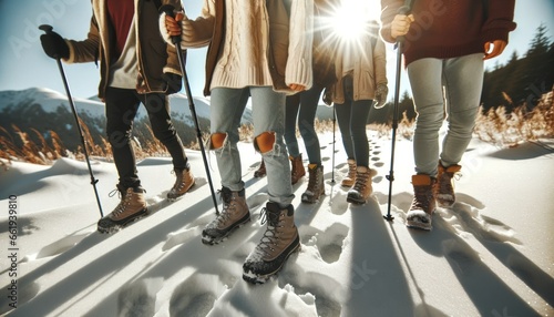 A photo that captures a close-up moment of a group of friends walking on a snowy road.