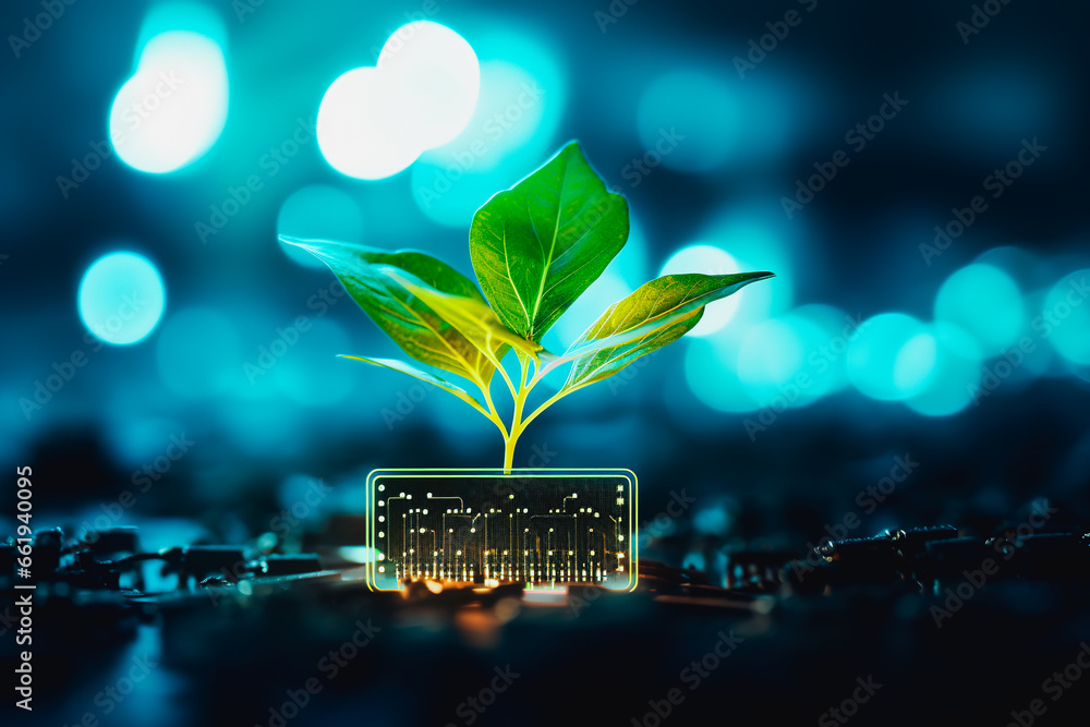 illustration of glowing plant growing on computer chip - obrazy, fototapety, plakaty 
