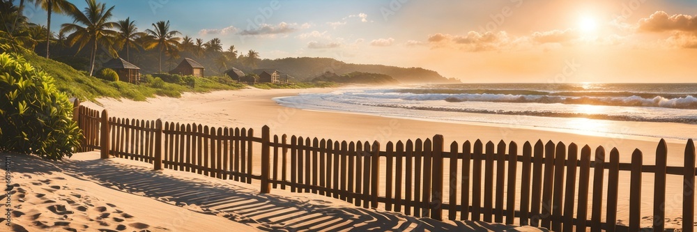 Brown weather-beaten wooden fence near the sea. Old wooden fence near the beach at golden hour in sunset or sunrise. Summer vacation concept. Banner