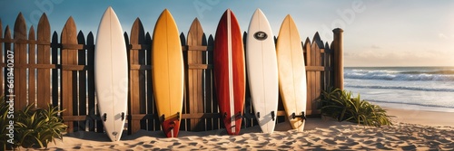 Colored surfboards leaning up against a wooden fence near the tropical beach. Active holidays vacation lifestyle concept. Wide banner